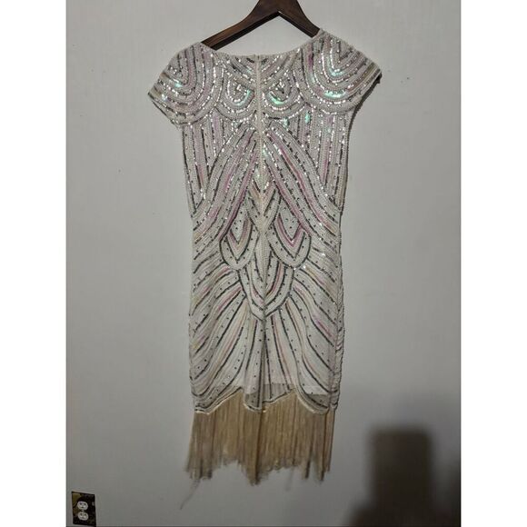 Pretty Guide Women's Size Small Beige Crystal Embellished Party Dress Fringe - Picture 7 of 8